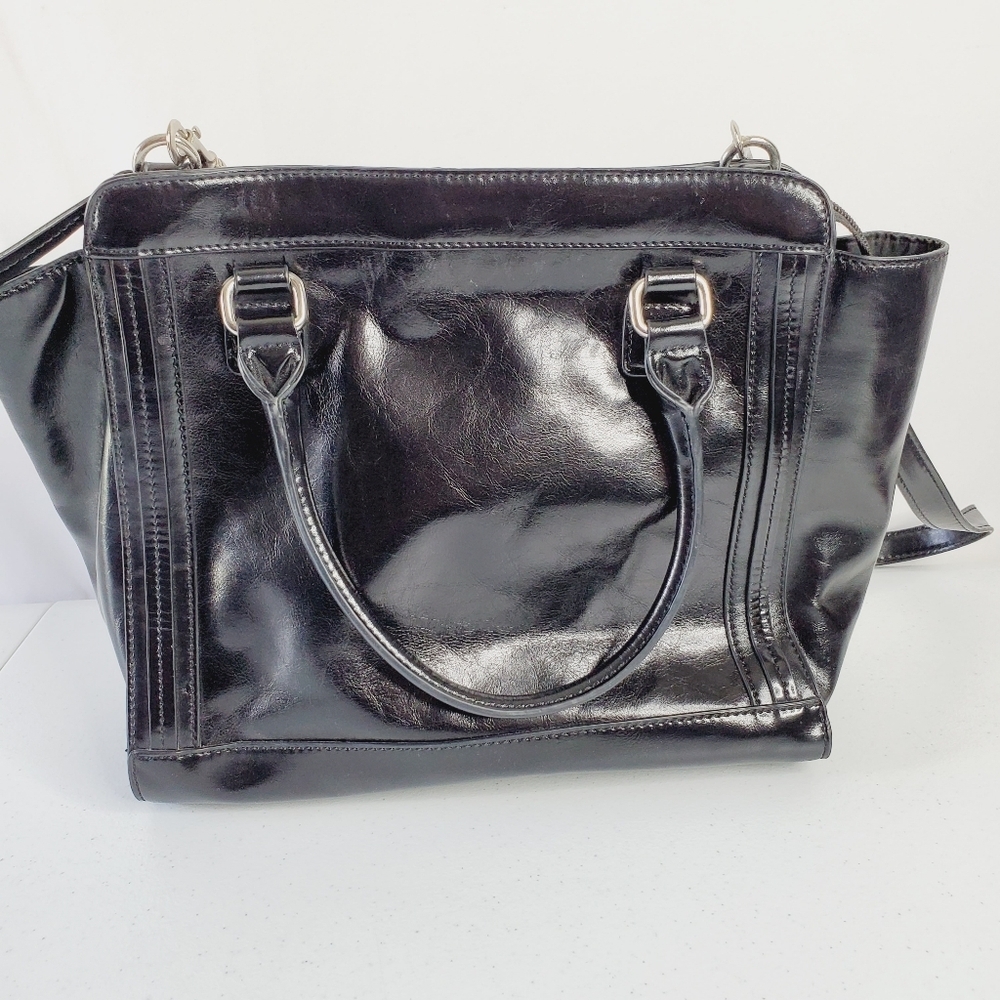 Giani Bernini Glossy Leather Shoulder Purse Black Handbag Satchel Tote Career